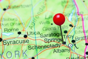 Schenectady pinned on a map of New York state, USA.